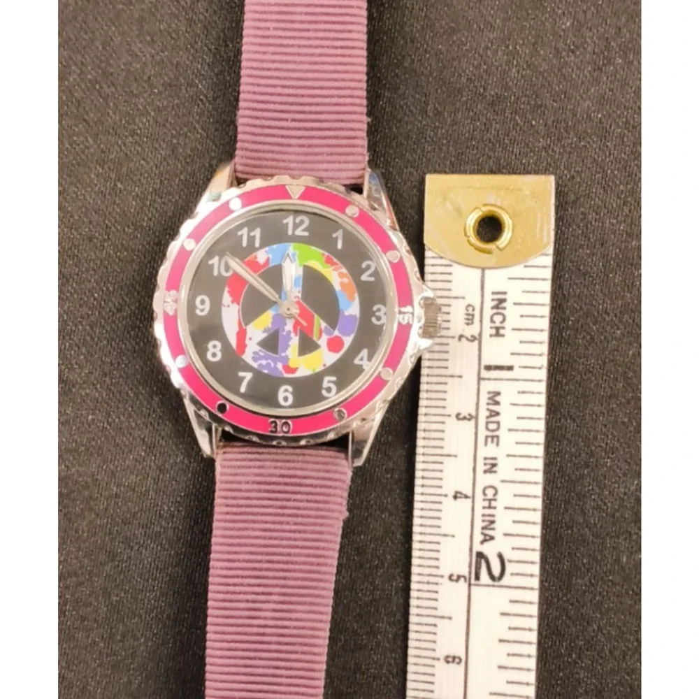 Accutime Silver/Pink Round Peace Sign Black Face Purple Unisex Watch Band #W5175